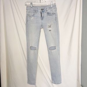 American Eagle superstretch washed denim, distressed, size 2